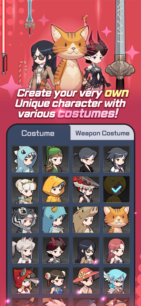 Blade Idle - A grid of various unique character costumes and skins in the mobile game Blade Idle showing different anime-style outfits and animal onesies.
