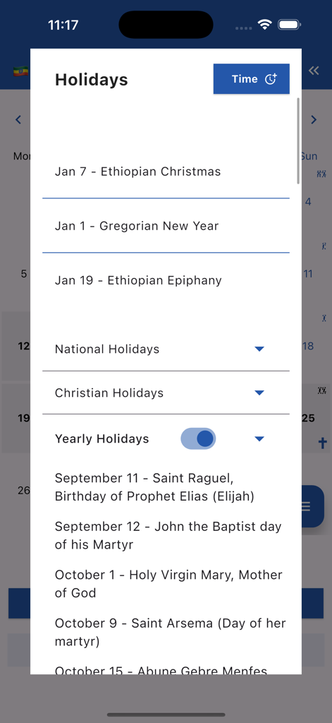 Ethiopian Calendar & Converter - A list of Ethiopian national and religious holidays including Ethiopian Christmas and Epiphany displayed in the app