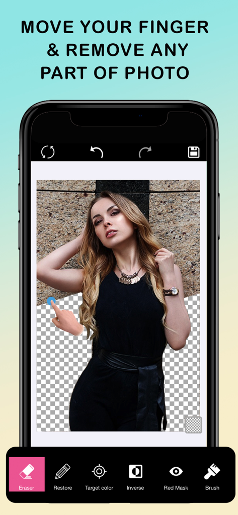 Manual background removal feature in the Eraser Background app showing a portrait being edited with a transparent background.