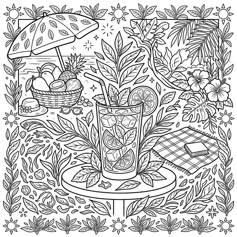 Immerse yourself in a relaxing summer vibe with this intricate tea leaves coloring page, perfect for teens. Unleash your artistic flair and add a splash of color to this delightful tropical scene.