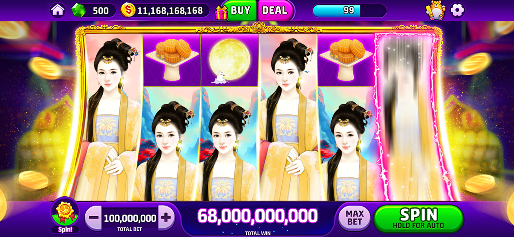 Asian themed slot machine in Woohoo Slots showing a 68 billion coin jackpot win