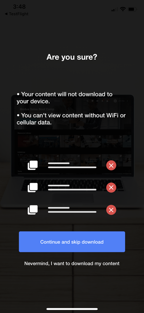 myTopcon NOW! - Confirmation screen in myTopcon NOW app for downloading content for offline access.