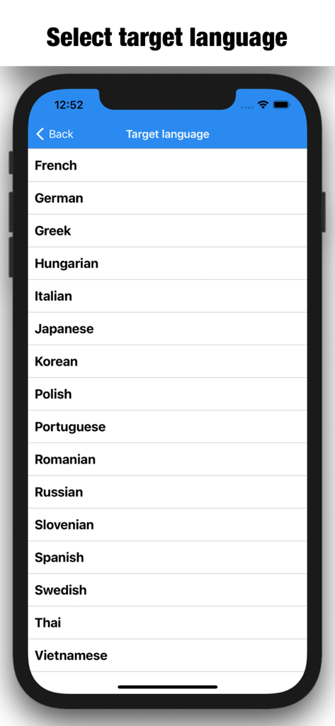 A smartphone screen displaying the target language selection menu in the Quick Translation app with a list of various languages like French German and Spanish