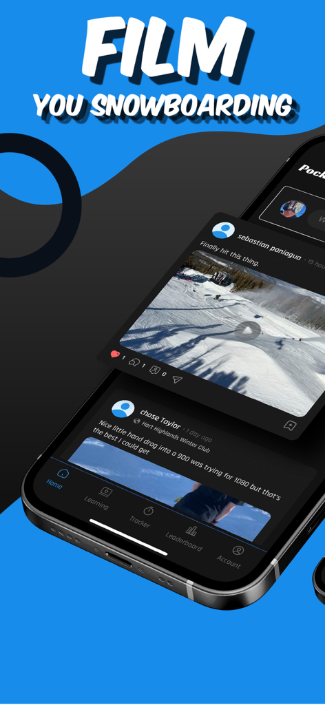 PocketCoach Snowboard - PocketCoach Snowboard app interface showing a community feed where riders share videos of their snowboarding tricks and progress