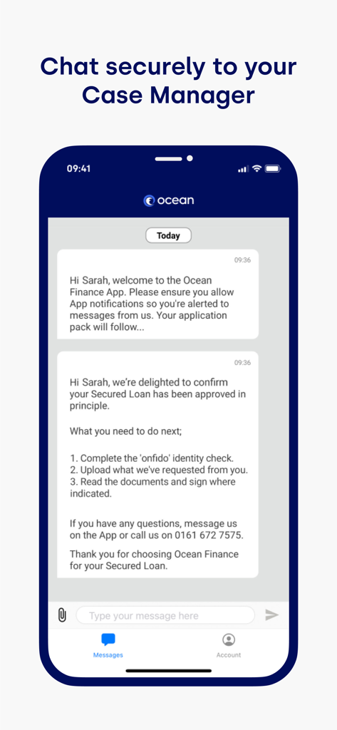 Ocean Finance Secured Loan - Ocean Finance app screen showing secure chat with a case manager regarding loan approval