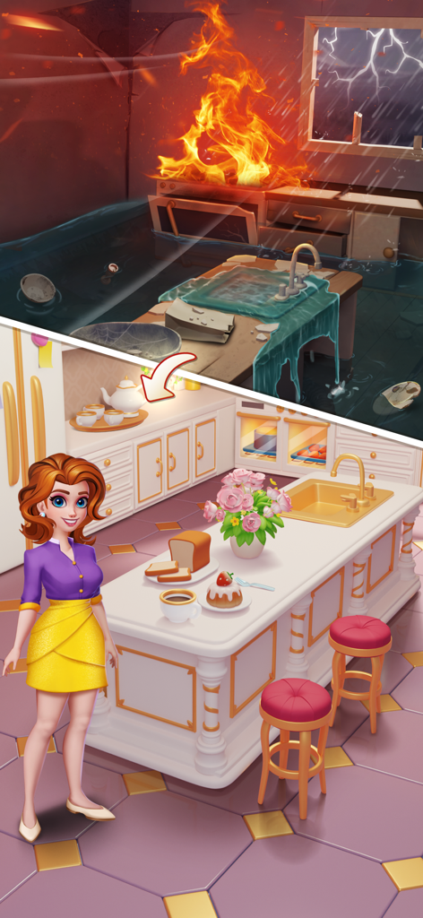 Uma comparação de antes e depois mostrando uma cozinha inundada e em chamas transformada em uma cozinha branca e dourada, limpa e moderna, com uma personagem.