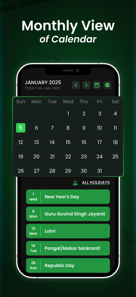 AllWorld: Holiday Calendar - Monthly view of AllWorld Holiday Calendar for January 2025 featuring a grid calendar and a list of public holidays like Republic Day.