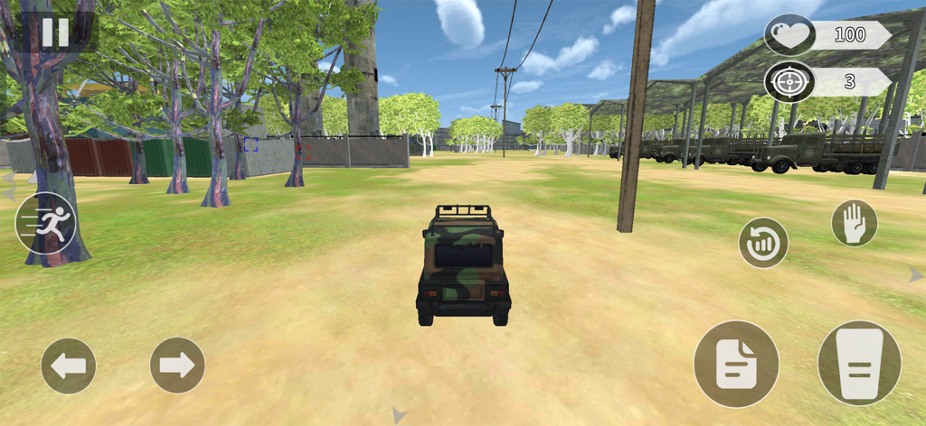A camouflage military vehicle parked in an open field with army trucks in the background of the game Infinity Battle Gun Game