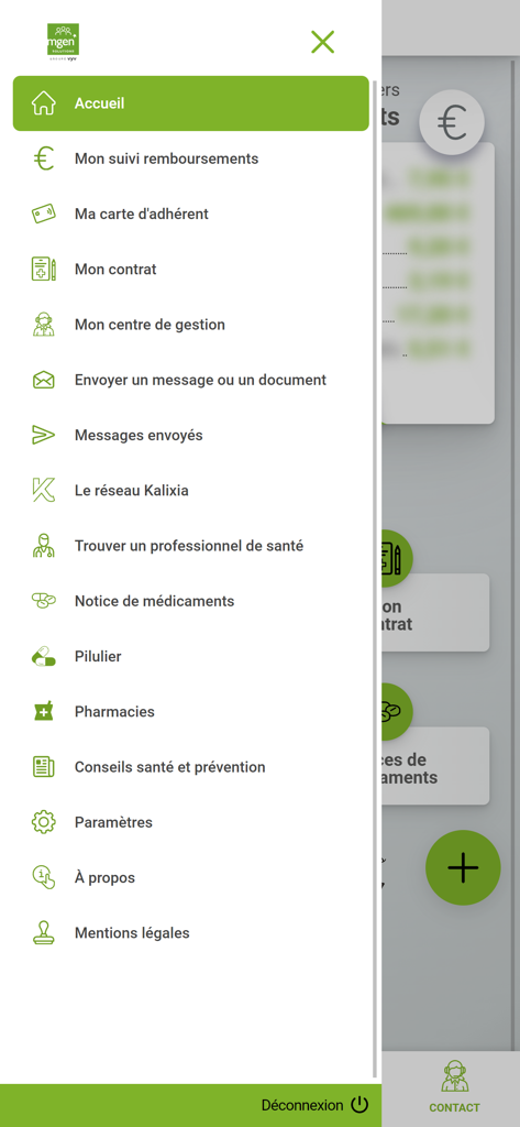 Side navigation menu of the MGEN Solutions app showing options like reimbursement tracking and doctor search.