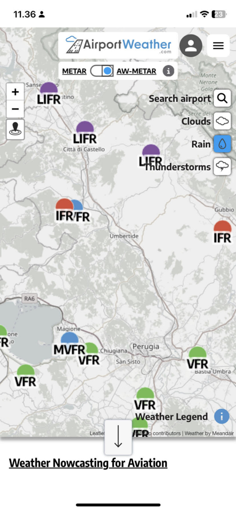 AirportWeather.com - Interfaccia di mappa meteorologica aeronautica che mostra condizioni di regole di volo e dati METAR per gli aeroporti