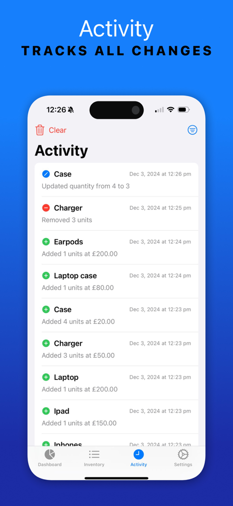 Activity screen of the Easy Inventory Tracker app showing a detailed history of stock changes and updates