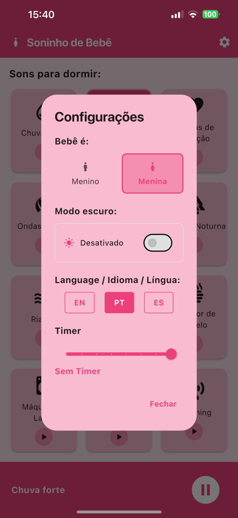Soninho Bebê - Settings screen of Soninho Bebe app showing language selection and sleep timer