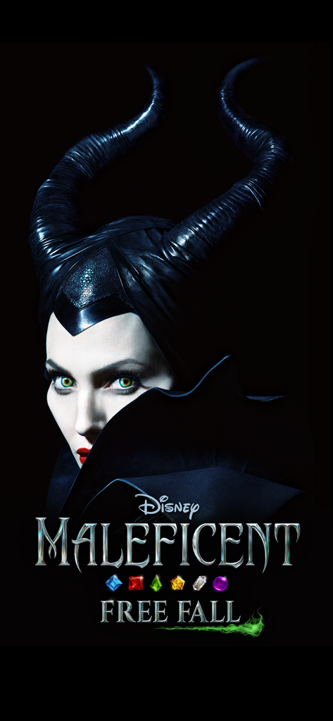 Disney Maleficent Free Fall - Disney Maleficent Free Fall mobile game title screen featuring Maleficent and colorful puzzle gems