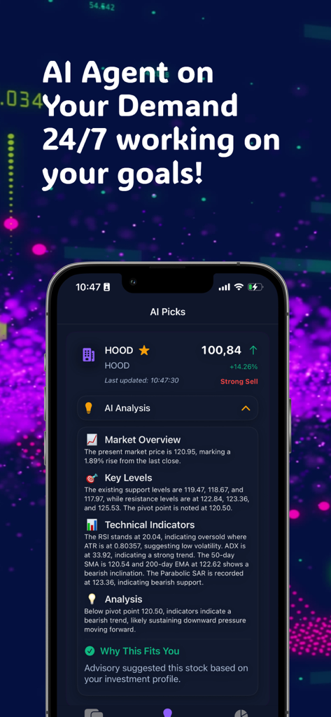 Advisory app AI stock analysis and technical indicators display