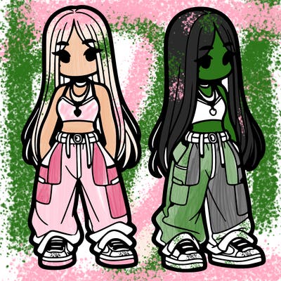 girl in baggy pants crop top and long hair