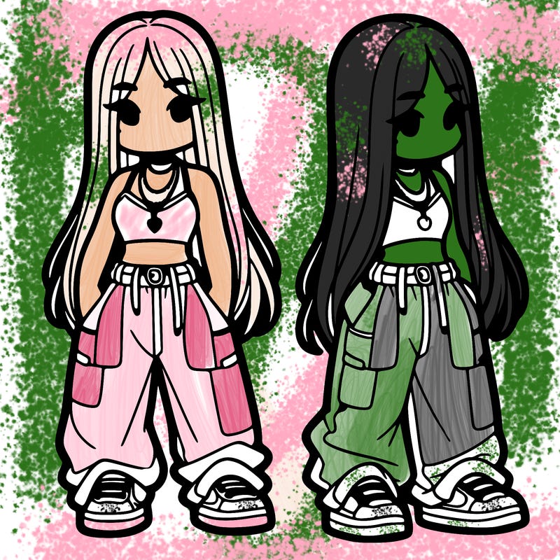 girl in baggy pants crop top and long hair