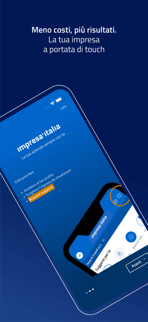 impresa italia - Onboarding screen of the Impresa Italia app for managing Italian businesses on an iPhone
