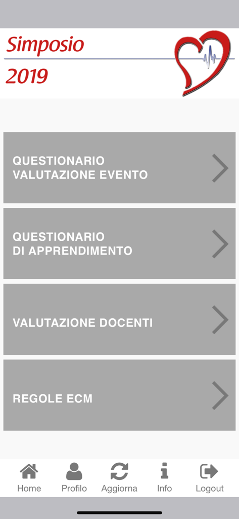 Deep ECM app menu screen showing medical symposium evaluation and learning questionnaires