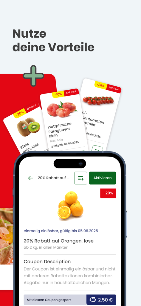 Markant GO - Markant GO app showing digital grocery coupons and a savings badge on a smartphone