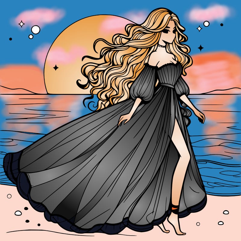 beautiful woman with a vaporous long dress walking on the beach at the noon, detailed art
