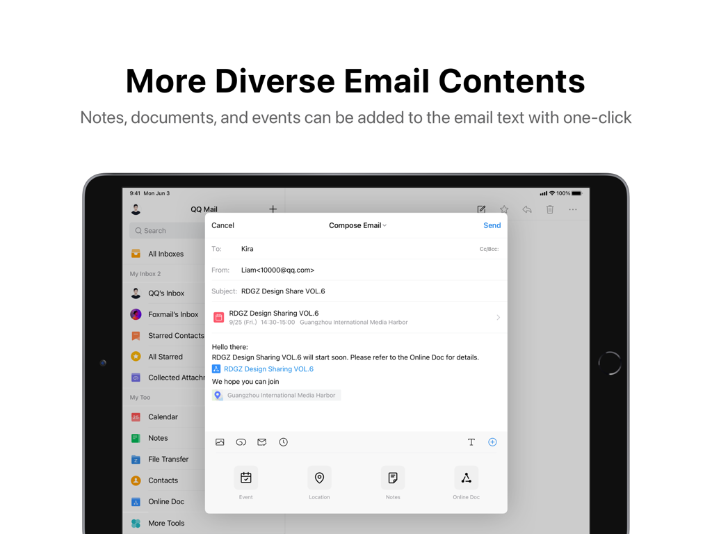 QQ邮箱HD - Interfaccia dell'app QQ Mail HD per iPad che mostra la finestra di composizione email con opzioni per aggiungere eventi, note e documenti