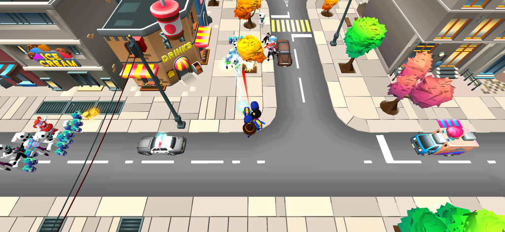 Top-down gameplay view of a superhero character fighting enemies on a 3D low-poly city street.