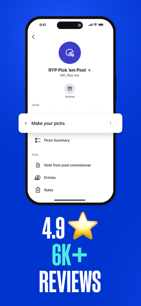 RunYourPool - Interfaz de la aplicación RunYourPool que muestra el menú de una quiniela de "pick em" de la NFL con una superposición de calificación de estrellas alta