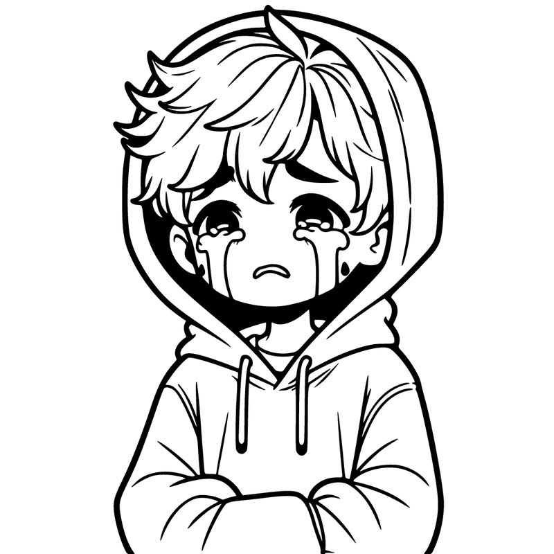 a boy crying in a hoodie softly