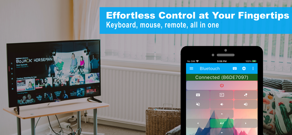 Bluetouch™ - A smartphone using the Bluetouch app to control a smart TV in a living room