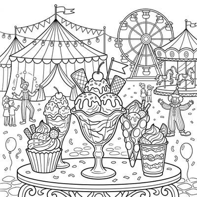 Get ready for a double delight with this festive coloring page featuring scrumptious sundaes and the thrilling atmosphere of a carnival! Young artists will love bringing this scene to life, from the towering treats to the cheerful fairground attractions.