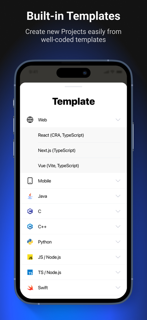 CodeSnack IDE - Interface of CodeSnack IDE displaying built-in templates for web, mobile, and various programming languages.