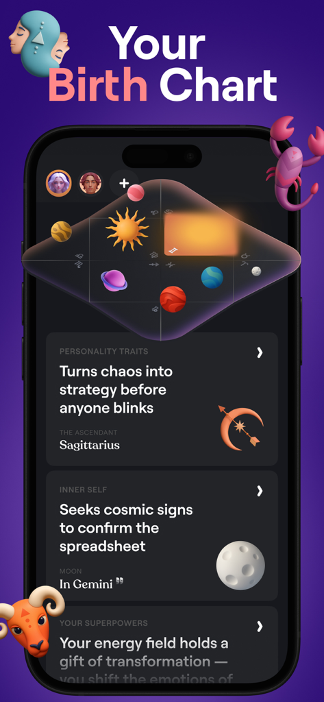 A mobile screen from Moonly showing a personalized birth chart with astrological symbols and personality insights.