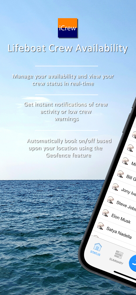 iCrew - Vista general de la aplicación iCrew mostrando la disponibilidad de la tripulación del bote salvavidas y las funciones de geocerca sobre un fondo marino
