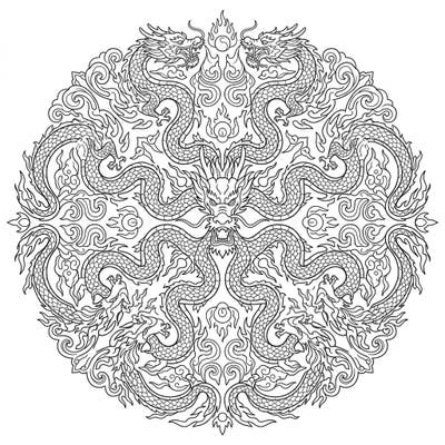 Discover an awe-inspiring coloring page featuring a dynamic Dragon Dance mandala. This intricate design combines the power of traditional Chinese dragons with the calming symmetry of a mandala, perfect for creative minds.