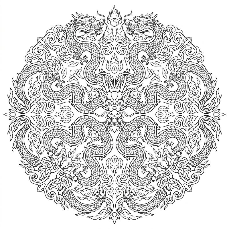 Discover an awe-inspiring coloring page featuring a dynamic Dragon Dance mandala. This intricate design combines the power of traditional Chinese dragons with the calming symmetry of a mandala, perfect for creative minds.