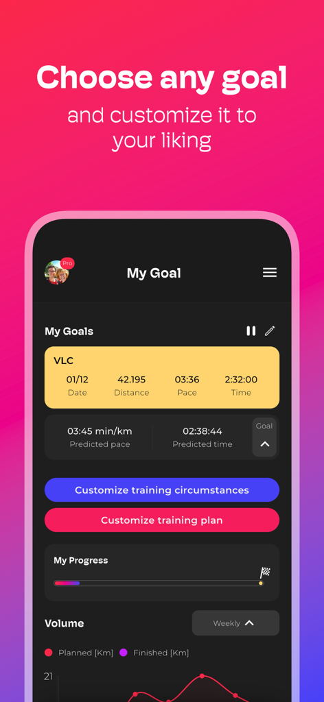 Trenara Coach - Running Plans - Trenara Coach App-Oberfläche mit personalisierten Marathon-Trainingszielen mit Rennvorhersagen und Anpassungsoptionen