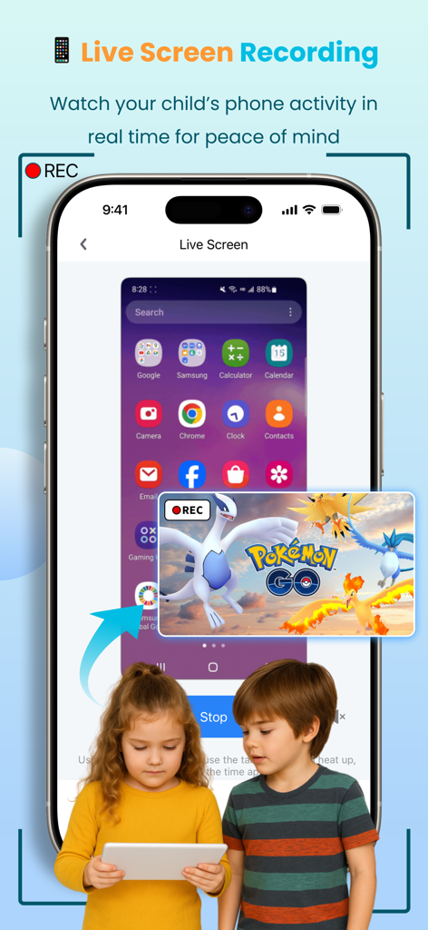 Interfaz de la aplicación KidsGuard Pro que muestra el monitoreo de pantalla en tiempo real de la actividad del teléfono de un niño