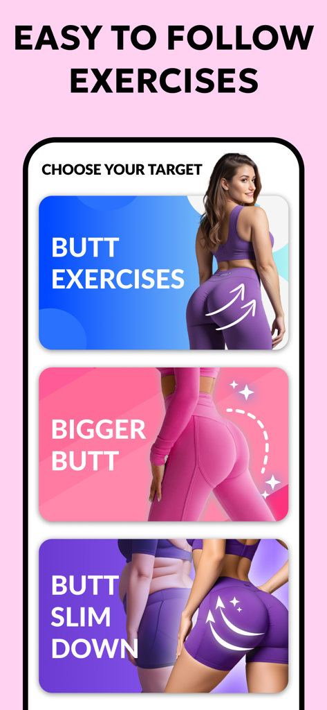 Interface of the Buttocks and Legs Workout app showing exercise target options including Bigger Butt and Butt Slim Down.