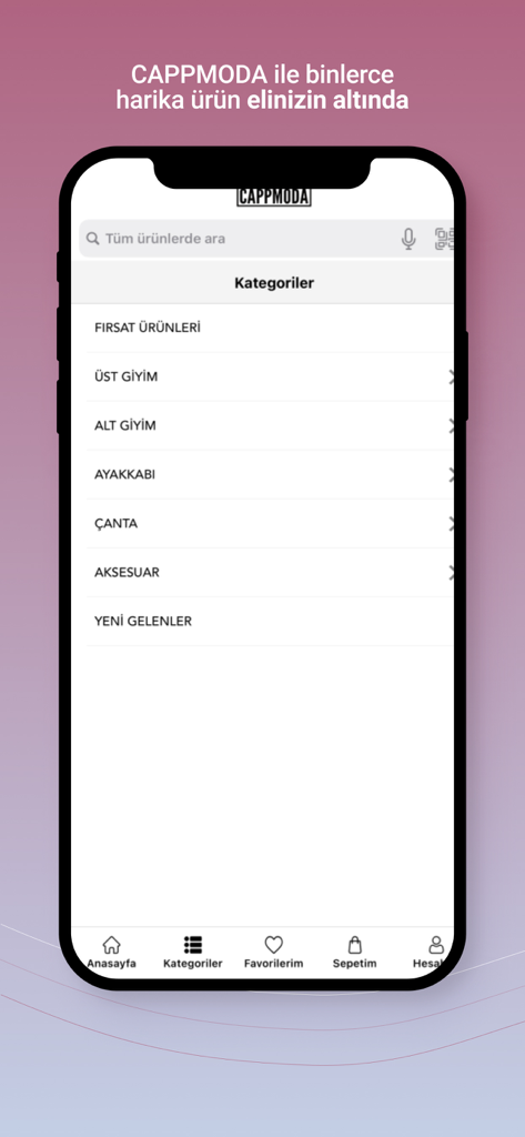 Cappmoda - Screenshot of the Cappmoda app category menu displaying options for clothing, shoes, and accessories.
