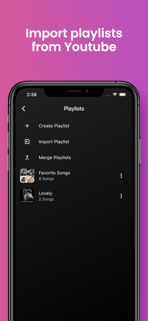 Youtify - Music & Playlists - Youtify app interface showing the playlists management screen with options to create, import, and merge playlists from YouTube.