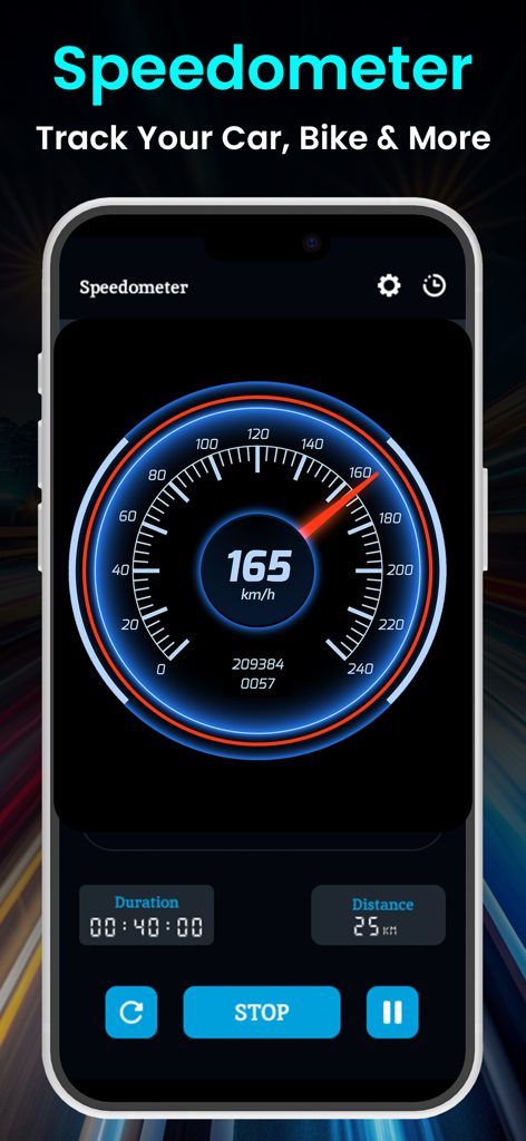 GPS Speedometer app interface featuring an analog dial display with speed tracking in kilometers per hour and trip distance log
