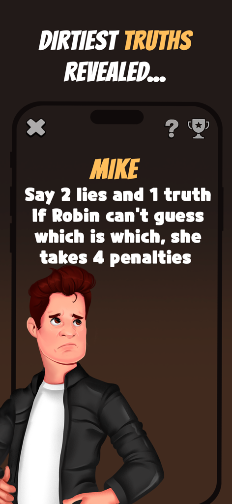 Hey, Dare! Adult Party Games - Una pantalla de desafío de verdad o atrevimiento en la aplicación Hey Dare que presenta una pregunta de juego de 2 mentiras y 1 verdad