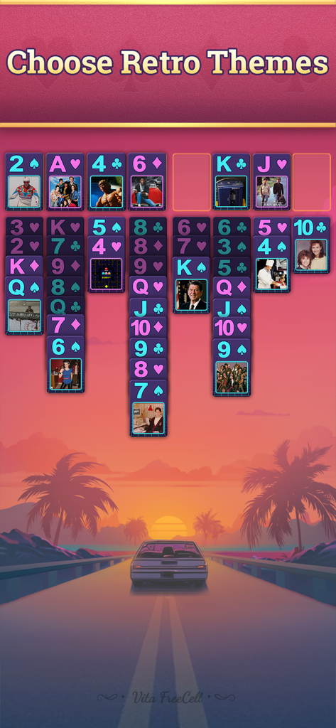Vita FreeCell for Seniors - Gameplay screenshot of Vita FreeCell for Seniors showing a retro 80s synthwave theme with a sunset road background and stylized cards.
