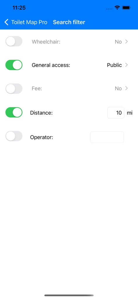The Toilet Map search filter screen with options for wheelchair access, public access, fees, and distance.