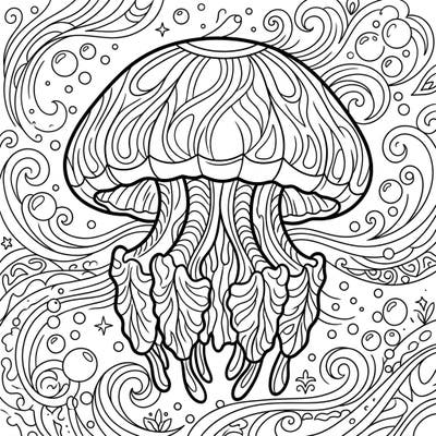 Immerse yourself in an underwater world with this detailed Cannonball Jellyfish coloring page. Its robust form and swirling aquatic background offer a captivating canvas for your creativity.