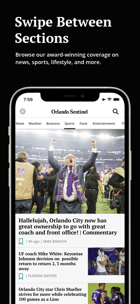 Orlando Sentinel mobile app interface showing various news sections and sports headlines
