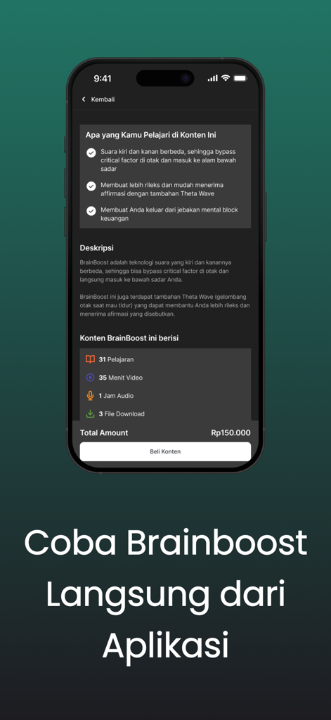 BrainBoost - BrainBoostモバイルアプリの画面、潜在意識の再プログラムのコース詳細と購入ボタンを表示