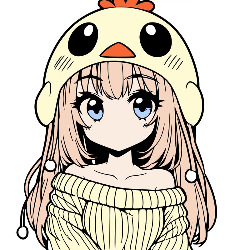 anime girl with chick shaped hat with sweater with bare shoulders with bangs covering them one eye with low tail