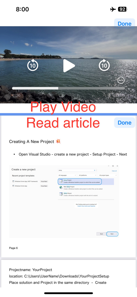 A split-screen view on iPhone showing a video player and a PDF document open simultaneously in the fileSplit app.
