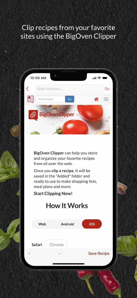 BigOven Recipes & Meal Planner - Una captura de pantalla de la aplicación BigOven que muestra la herramienta de recorte de recetas utilizada para guardar recetas de sitios web en un dispositivo móvil.